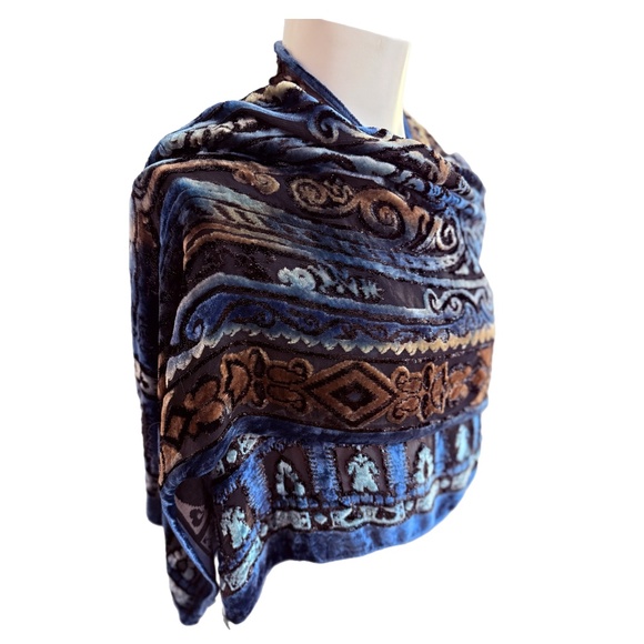 Sonia Rykiel Blue Velvet Burnout Paisley Scarf 🇫🇷 | Silk Blend Evening Shawl - Picture 7 of 11